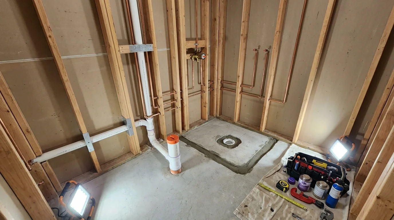 Bathroom rough-in plumbing during remodel by Johns Plumbing LLC in Holbrook