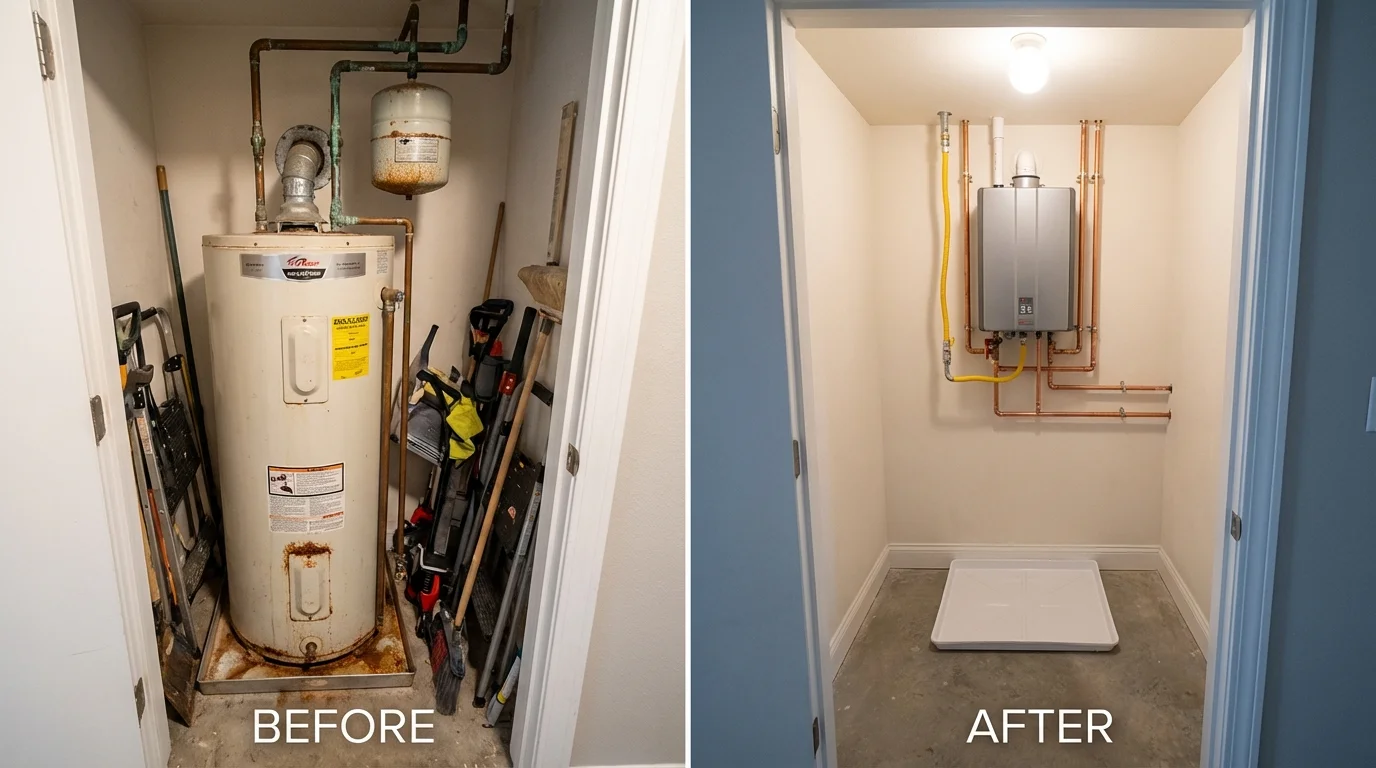 Tank water heater versus wall-mounted tankless unit comparison for Holbrook, MA homeowners