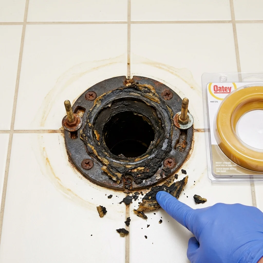 Failed wax ring showing water seepage at the base of a toilet in a Holbrook, MA home